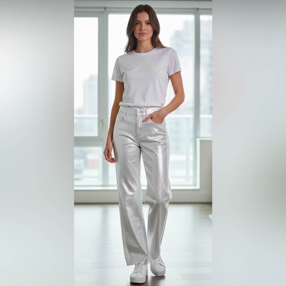 ZARA Mid Rise Wide Leg Silver Metallic Coated Jeans Pants Size 0